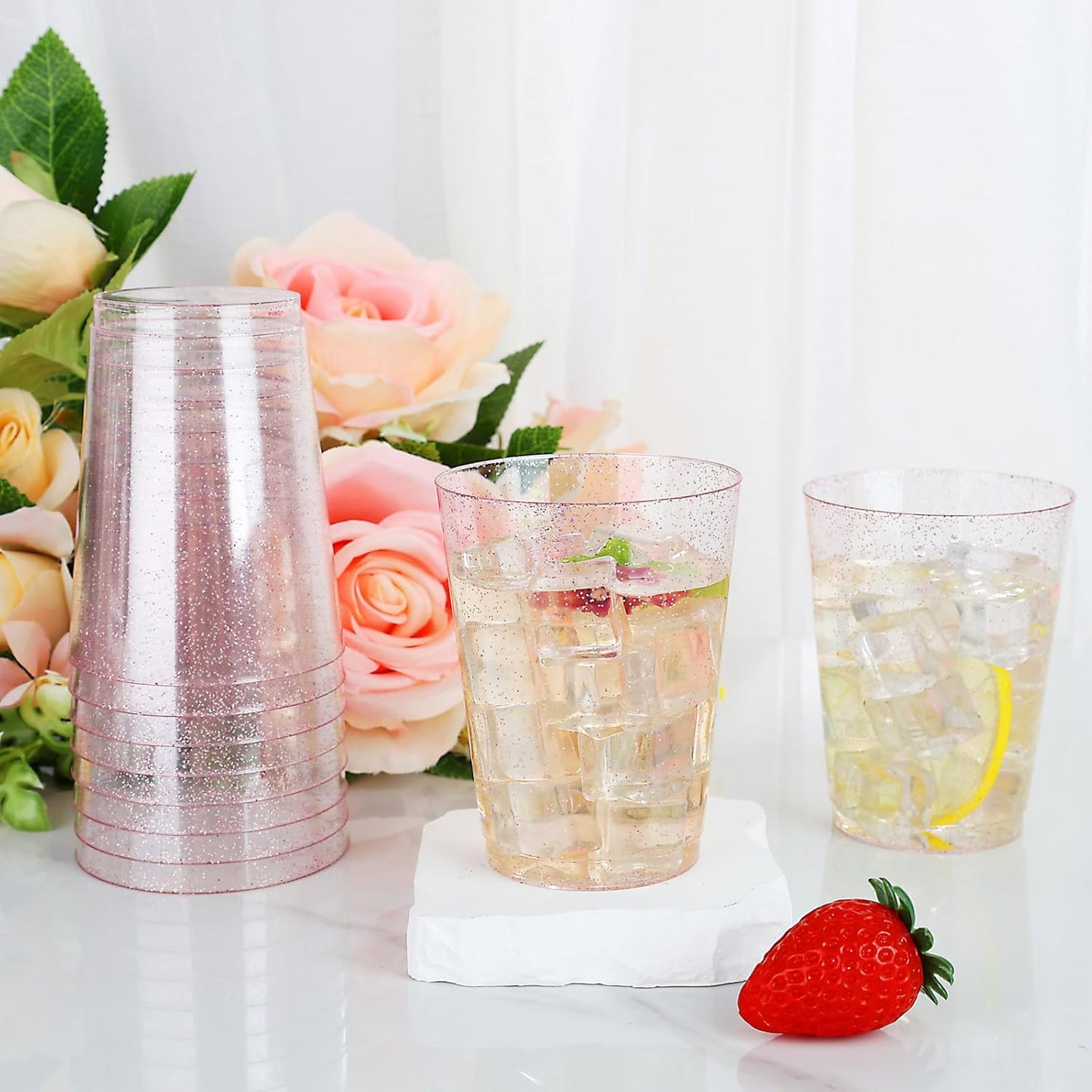DaYammi 100 Pack 10oz Pink Plastic Cups, Premium Disposable Rose Gold Glitter Plastic Cups for Martini and Cocktail, Hard Clear Disposable Cup with Pink Glitter Perfect for Fancy Wedding Party