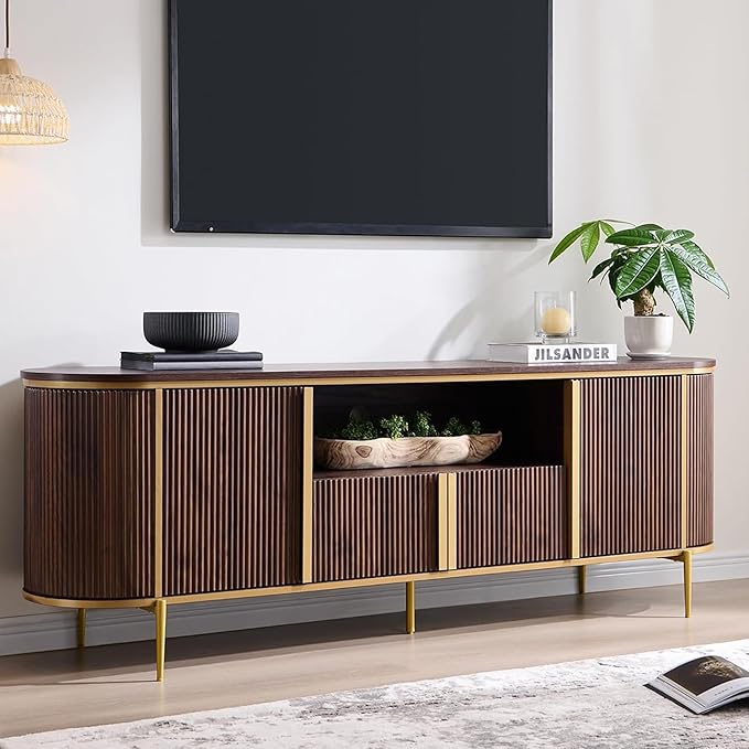 OKD 70" Fluted TV Stand with Storage, Faux Marble Top Entertainment Center by OKD