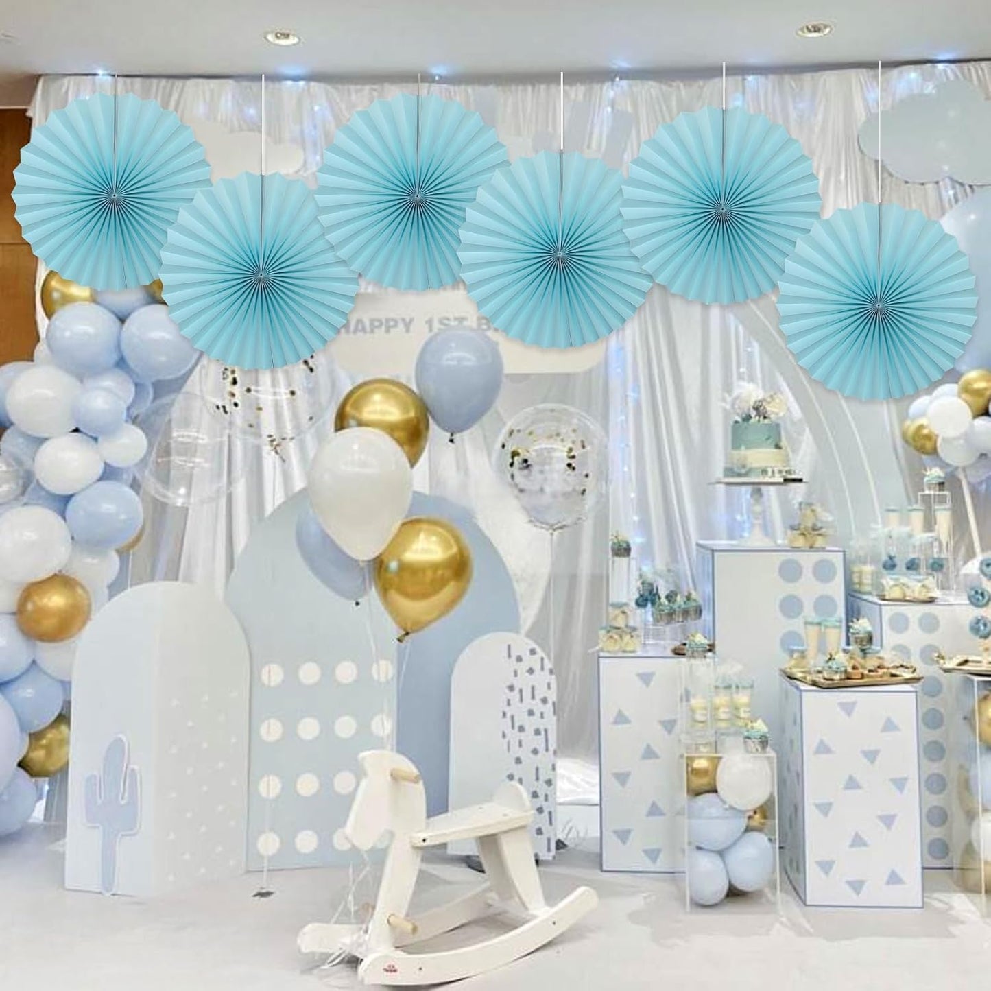 Blue Graduation Party Decor,Baby Blue Party Decorations,Christmas Baby Shower Decorations,Under The Sea Decorations,Blue Bachelorette Party 16in Hanging Paper Fans 30 Color DIY Set (Light Blue)
