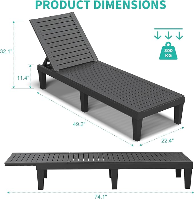 Outdoor Lounge Chair Set of 6, 5-Positions Adjustable Patio Chaise Lounges - Image 4