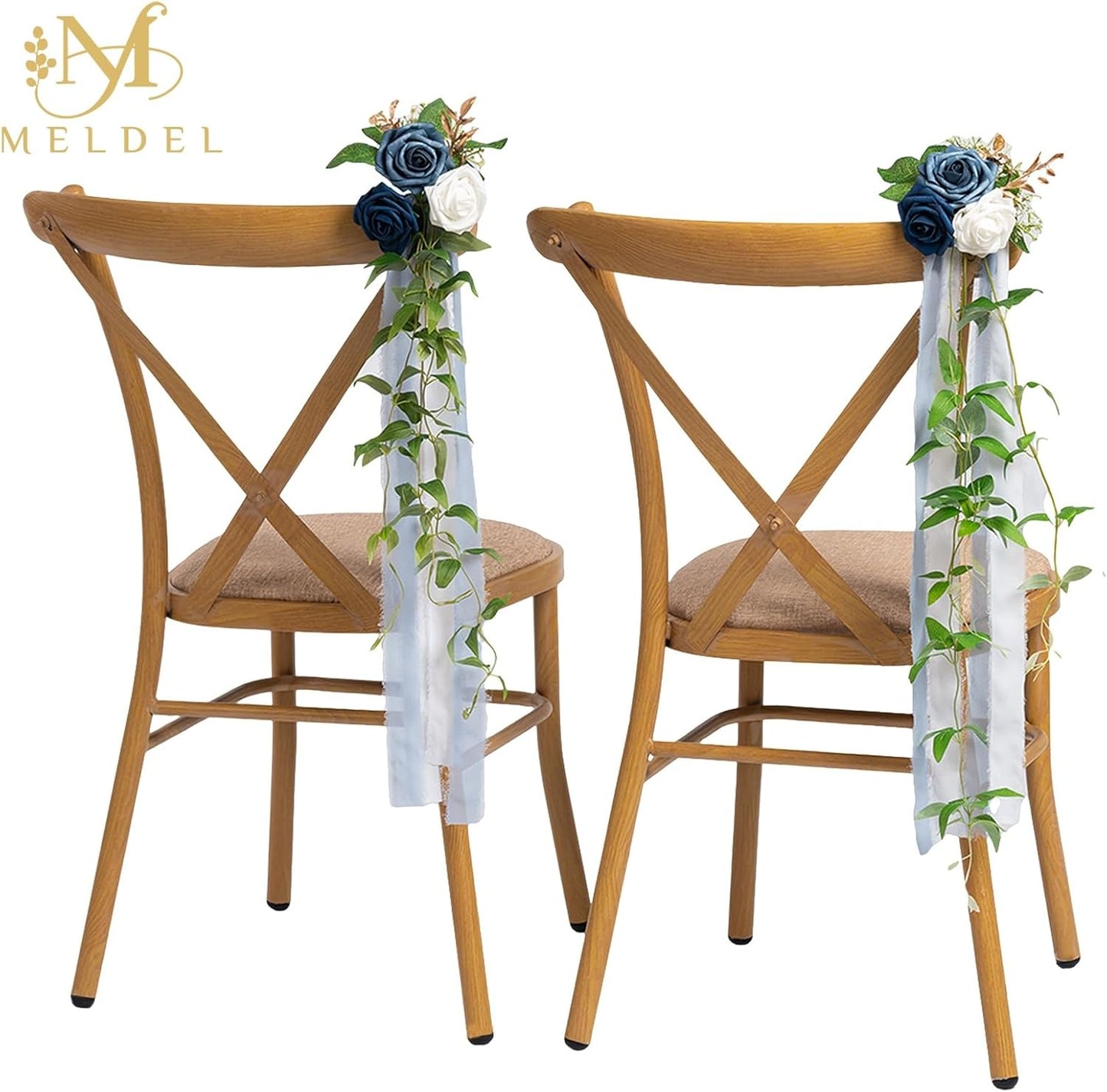 Meldel 10Pcs Elegnat Wedding Chair Back Decorations Aisle Artificial Blue White Rose Flowers Garland with Ribbion for Ceremony Reception and Reception Seating Arrangements Party Outdoor Decor