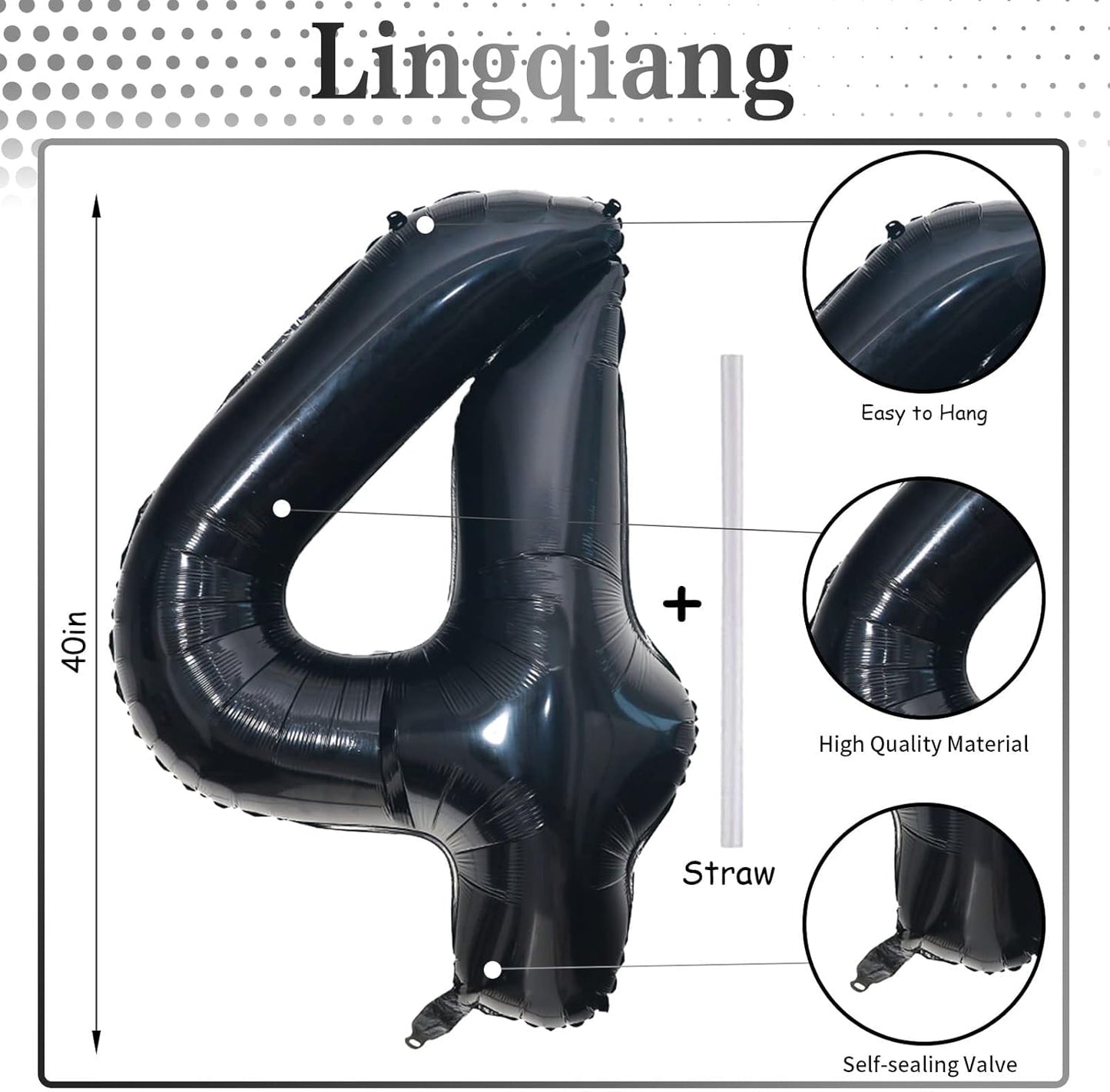 Black Number Balloons, 40inch Large Number 4 Foil Mylar Helium Balloons, Self Inflating Number Balloons 0-9 for Men Boys 4th 40th Birthday Anniversary Party Graduation Celebration Decoration Supplies