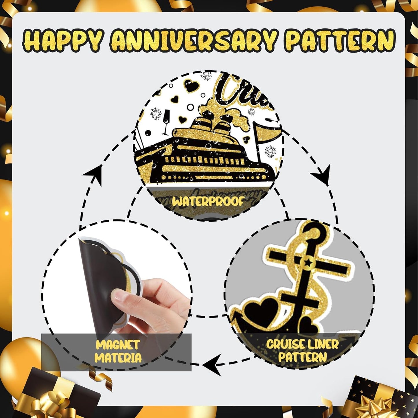 Happy Anniversary Cruise Door Magnets Decorations, Black Gold Happy Anniversary Cruise Ship Door Decor Magnetic for Married Men Women Wedding Party Fridge Refrigerator Car Kitchen Garage Personalized