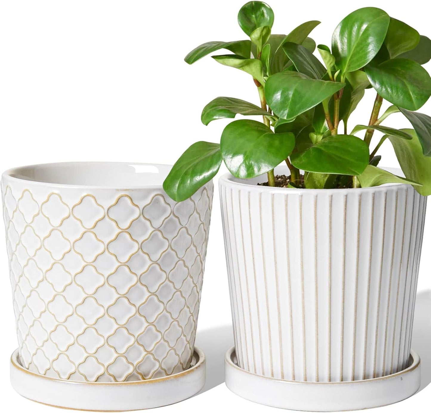 LE TAUCI Ceramic Pots for Plants, 5.4 Inch Plant Pots with Drainage Hole and Saucer, Indoor Plant Pots for Succulent, Snake Plants and Cactus, Flower Pots, Set of 2, Reactive Glaze White