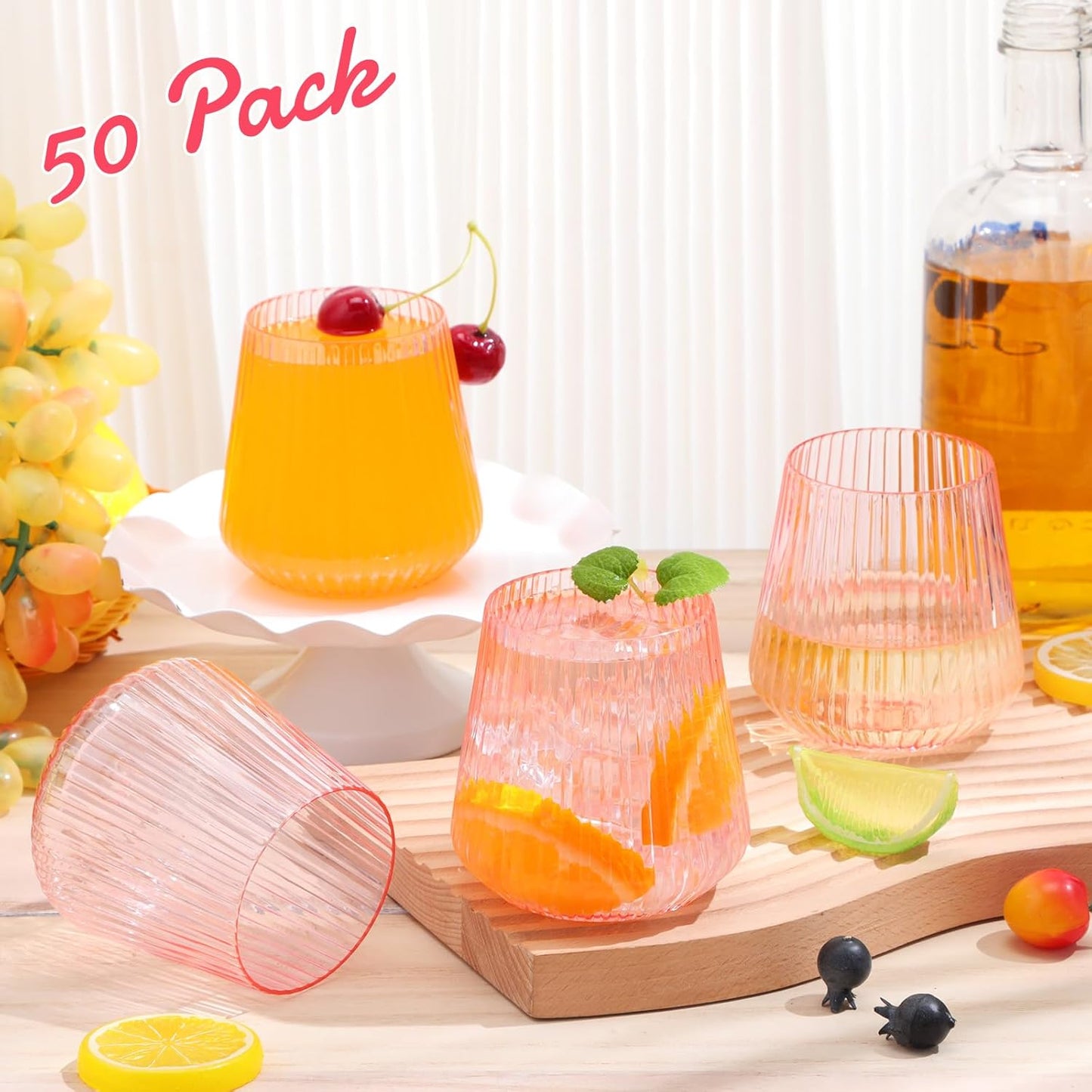 Suclain 50 Pcs Plastic Wine Glasses Pink Ribbed Stemless Wine 14oz Vertical Design Unbreakable Cups for Outdoor Indoor Vintage Elegant Champagne Whiskey Glasses for Christmas Party Wedding