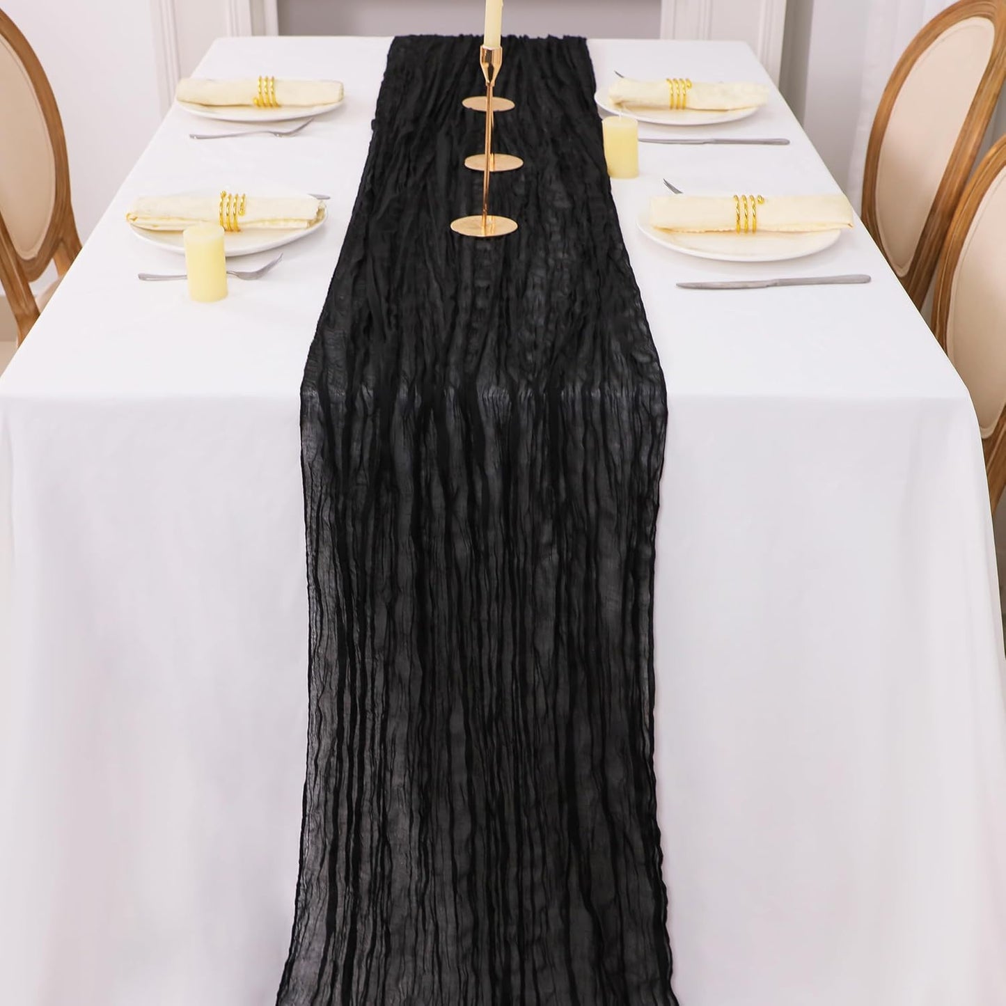 Snowkingdom 13Ft Black Cheesecloth Table Runner, 160inch Long Cheese Cloth Boho Gauze Runner for Wedding Bridal Baby Shower Birthday Holiday Party Sheer Halloween Table Decorations