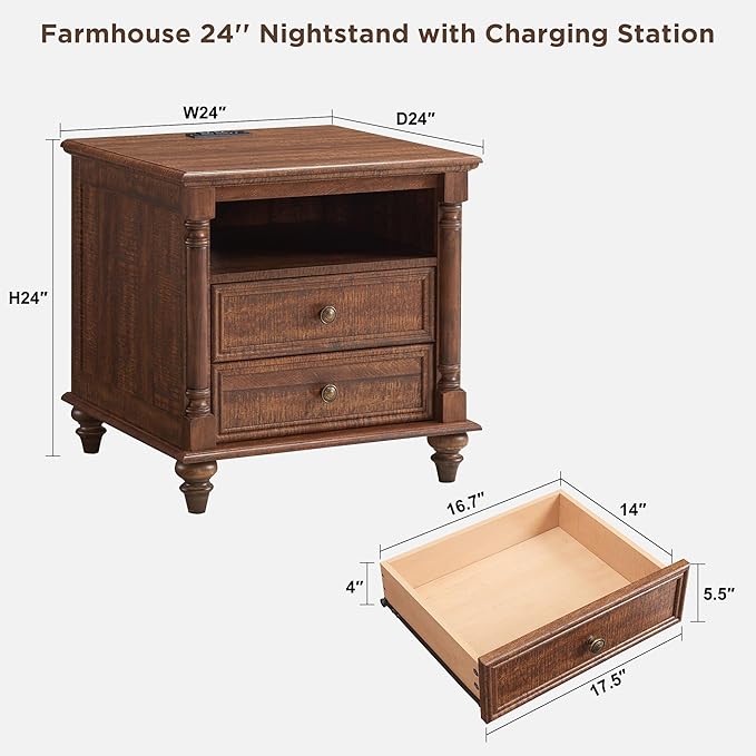T4TREAM 24'' Farmhouse End Table w/4 Solid Wood Feet Set of 2, Large 2 Drawers - Image 6