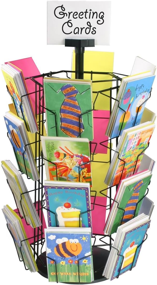 Greeting Card Racks with (24) 5 x 7 Pockets for Countertop Use, 29 inches Tall, 11-inch Diameter Plastic Base - Black Wire Holders