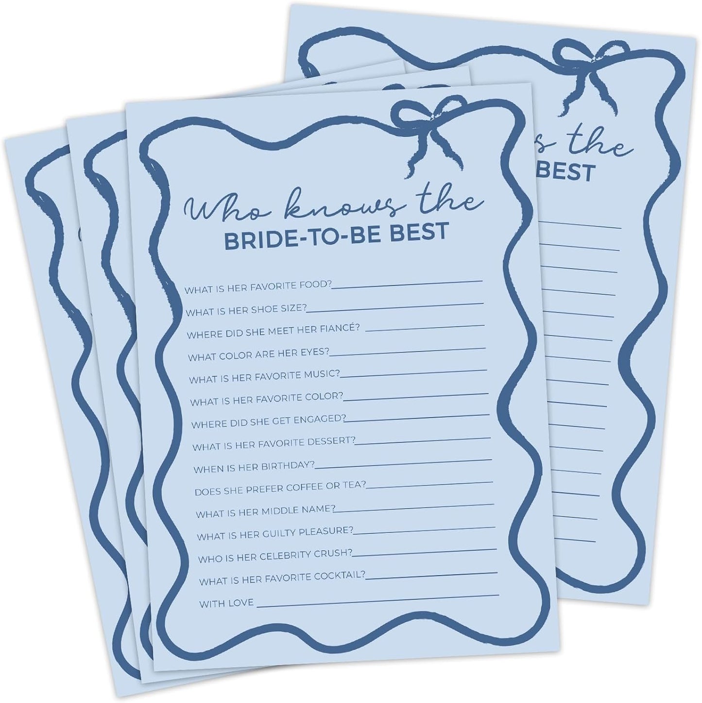 DEEKA 30 PCS Bridal Shower Games Card for 30 Guests Blue Wavy Border Ribbon Bow Funny Wedding Bachelorette Party Games for Reception (Who Knows The Bride-to-be Best)