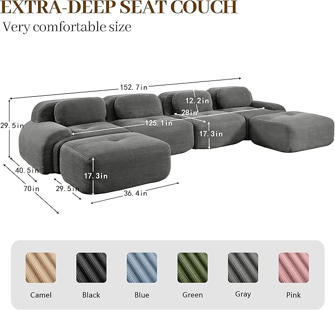 Boneless Sectional Couch, No Assembly Required, 152.7” U Shaped Modular Cloud - Image 3