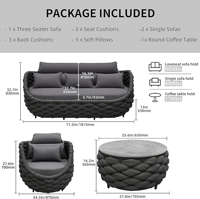 TWT Aluminum Patio Furniture Set Three Seater Sofa Outdoor Furniture Set - Image 2