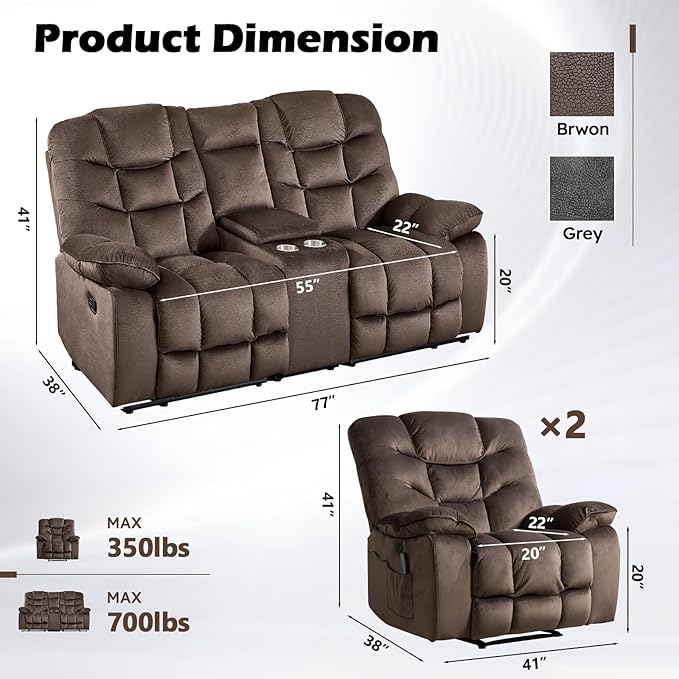 HAOMARKETS 3 Pieces Recliner Sofa Furniture Set, Include 2 Power Recliner Chairs - Image 2
