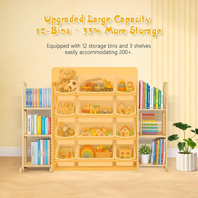Toy Storage Organizer with Bookshelf – Wooden Toy Organizer with 12 Toy Bins & - Image 5