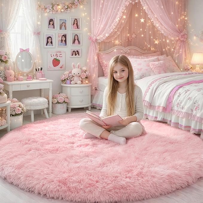 Pink Fluffy Round Rug 5Ft for Girls Bedroom Decor Aesthetic, Shaggy Circle Area by Amdrebio