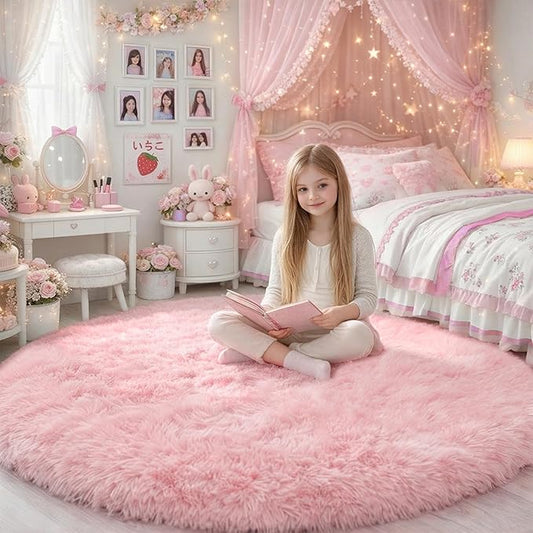 Pink Fluffy Round Rug 5Ft for Girls Bedroom Decor Aesthetic, Shaggy Circle Area by Amdrebio