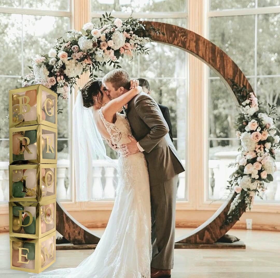 96 PC Bridal Shower Decorations Balloon Boxes Gold- Transparent Block with BRIDE TO BE + GROOM + A - Z Letters and 40 Balloons- Engagement Bachelorette Parties Weddings Centerpieces Photo Booth Props