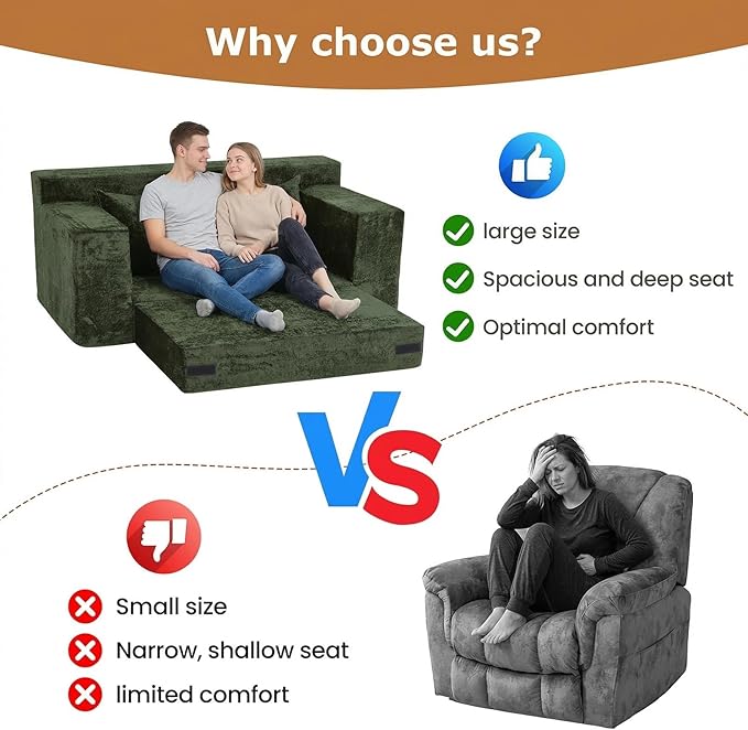 Loveseat Sofa Bed, Convertible Silky Velvet 5-in-1 Foldable Boneless Sleeper - Image 6
