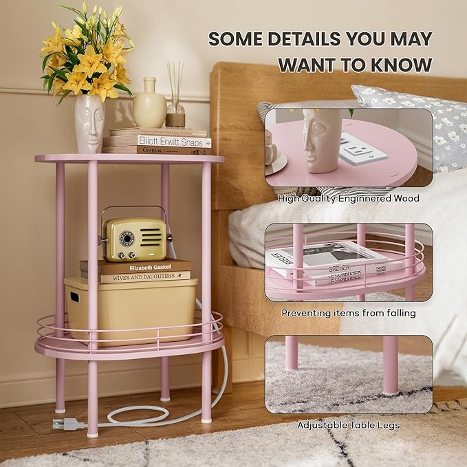 DGSANDGO Pink Side Table with Charging Station, Side Tables Living Room - Image 4