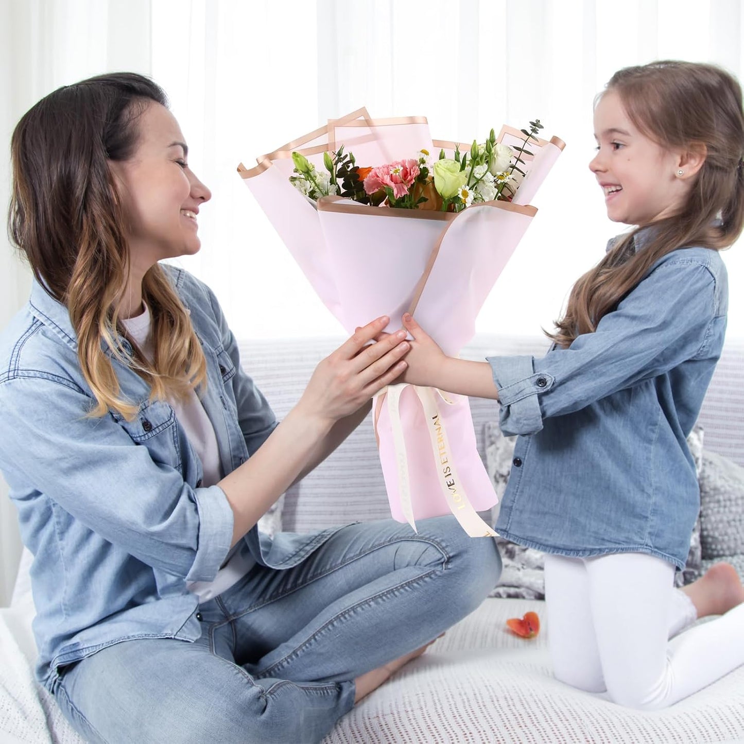 NESCCI 20 Sheets Pastel Pink Floral Bouquet Wrapping Paper - Waterproof, 22.8x22.8 inches, Perfect for Wedding, Birthday, Valentine's Day & More