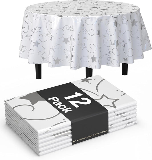 Exquisite Silver Star Tablecloth Plastic 12-Pack Disposable Round Tablecloths 84" Silver Star Table Cloths Round Table Covers Plastic Tablecloth for Party Decorations