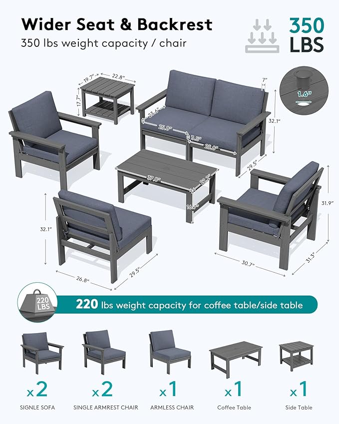 SERWALL HDPE Patio Furniture Set, 7-piece Outdoor Sectional Sofa Set, All - Image 2