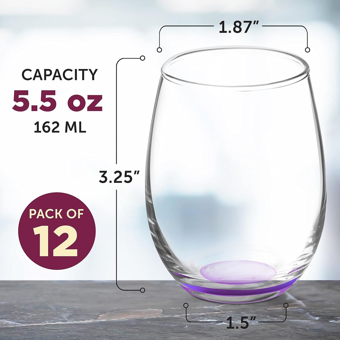 DISCOUNT PROMOS Stemless Wine Glasses by ARC 5.5 oz. Set of 12, Bulk Pack - Perfect for Hotel, Bar, Restaurant or Lounge - Purple