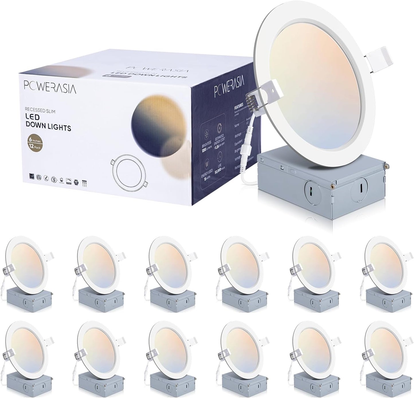 12 Pack 6 Inch Ultra-Thin LED Recessed Ceiling Light with Junction Box, 5CCT Dimmable 2700K/3000K/4000K/5000K/6000K,15W 1200lm Can Killer Downlight-ETL and Energy Star Certified