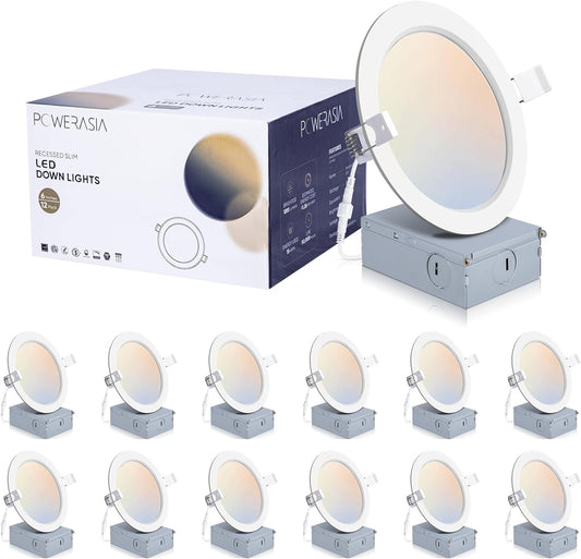 12 Pack 6 Inch Ultra-Thin LED Recessed Ceiling Light with Junction Box, 5CCT Dimmable 2700K/3000K/4000K/5000K/6000K,15W 1200lm Can Killer Downlight-ETL and Energy Star Certified