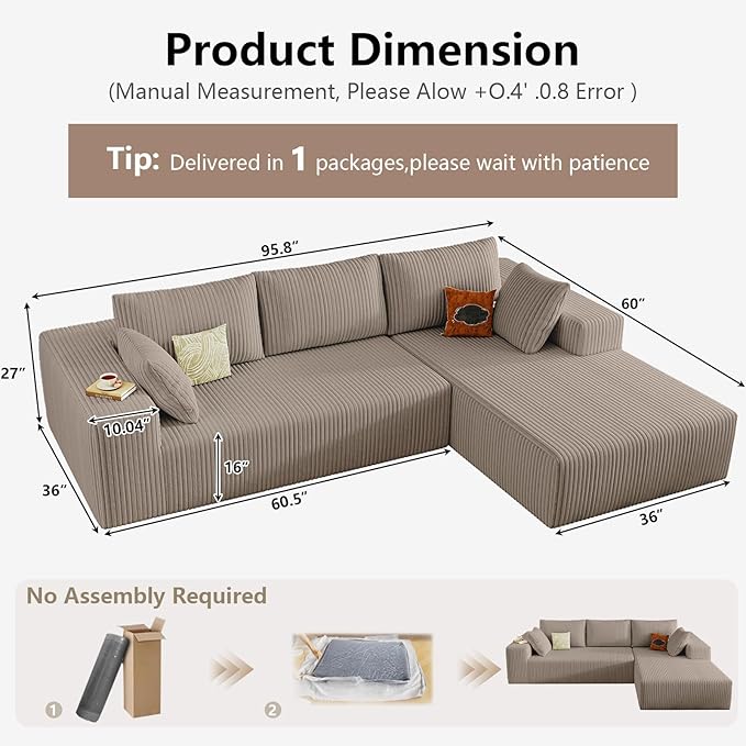 95" Cloud Sectional Couch with L-Shape Chaise, Modular Comfy Sofa Chaise Longue - Image 2