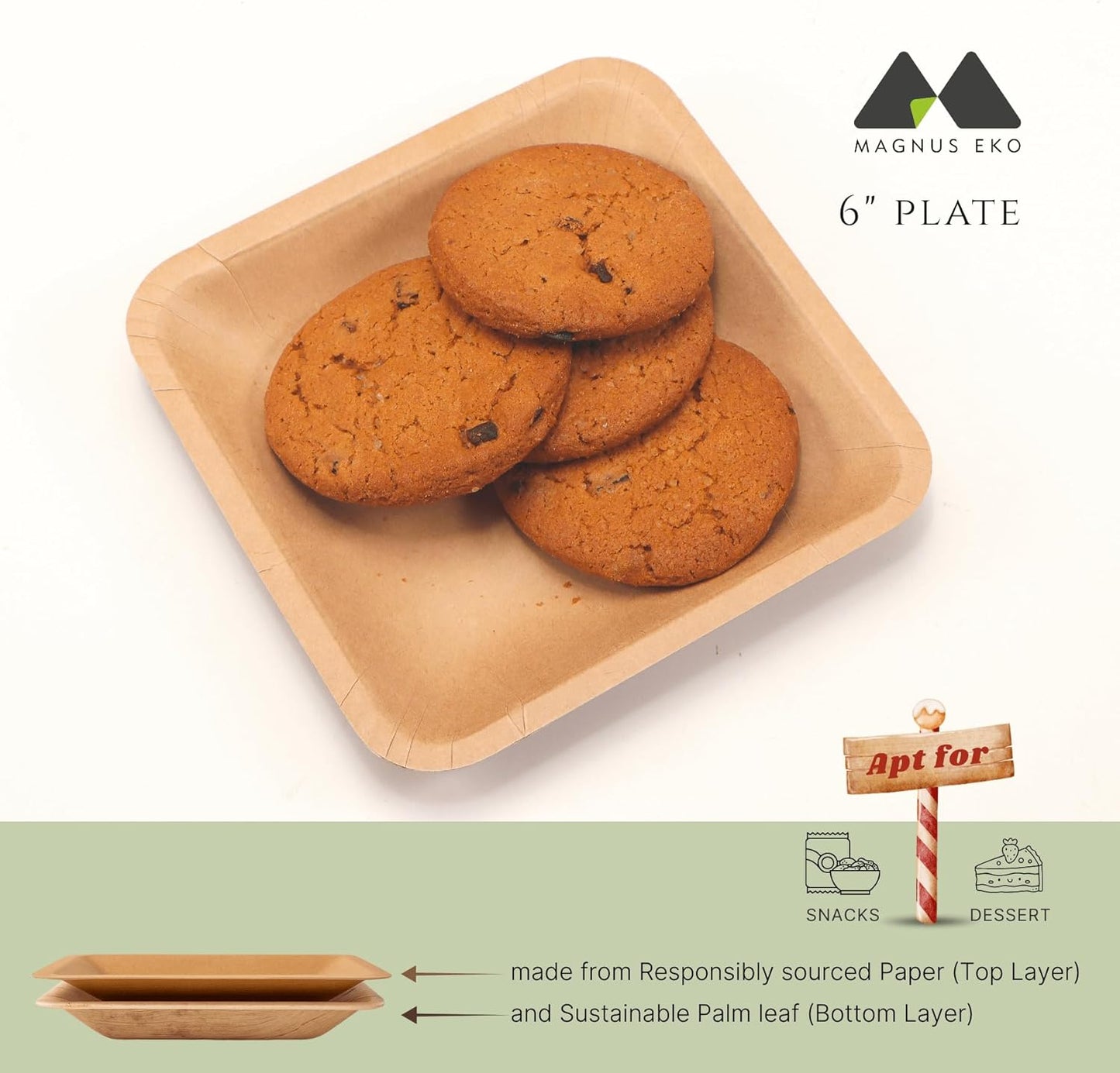 magnus EKO Kraftware | 6 Inch Square Plates 50 Pcs | Disposable Plates | Like Bamboo Plates For Appetizer & Desert | Eco Friendly, Compostable & Biodegradable plates for Catering, Weddings, Parties