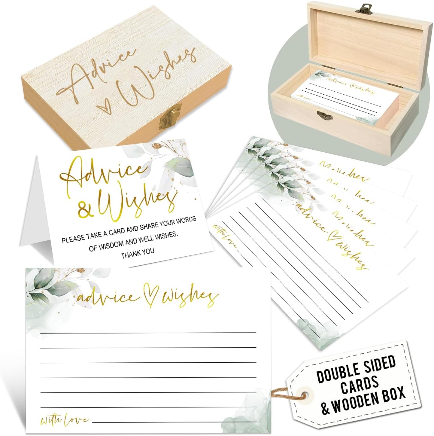 Watercolor Advice and Wishes Cards with Box - 50 Pcs Eucalyptus Advice Cards for Wedding, Bridal Shower, Baby Shower, Well Wishes Box for Graduation, Christmas, Birthday Party Decorations -A05