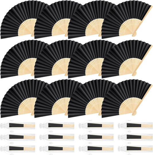 12 Pieces Black Hand Held Bamboo Folding Fans Paper Fans Handheld for Women Foldable Girls Wedding Decoration Church Home Party Favors Summer
