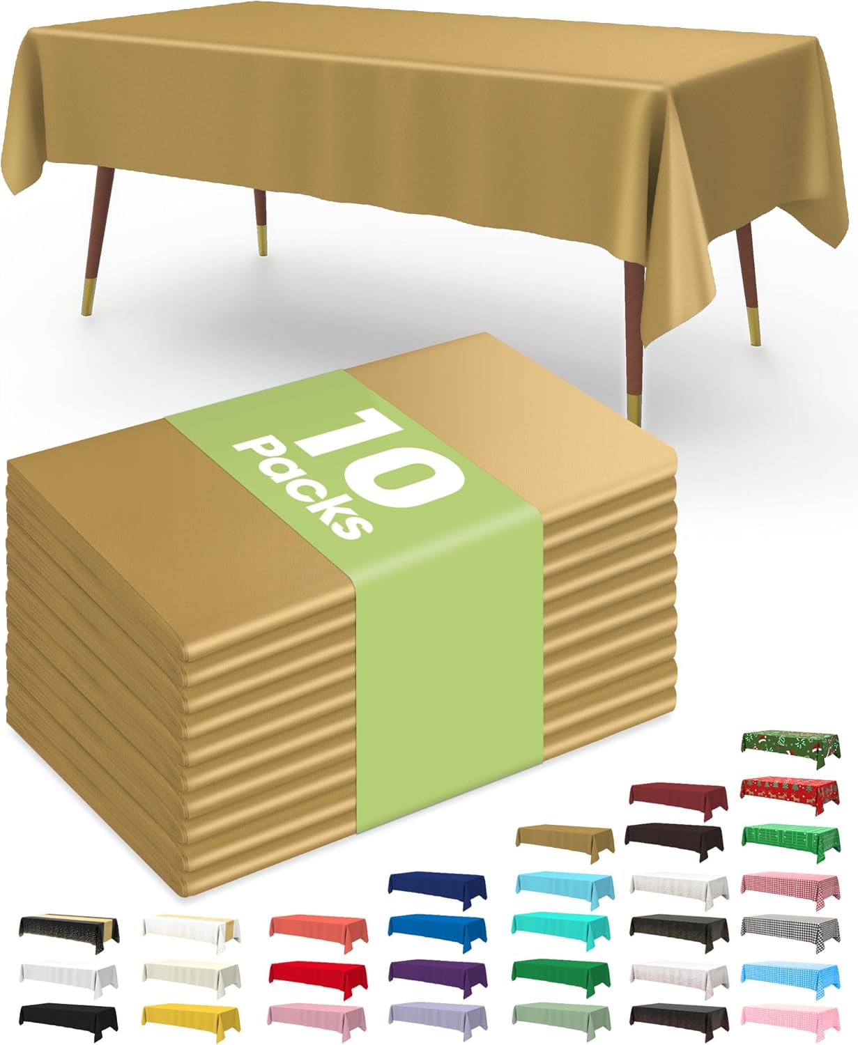 Pureegg Plastic Table Cloth Disposable 10 Pack, 54 x 108 Inch Table Cloths, Graduation Decorations, Thanksgiving, Christmas Tablecloths, Rectangle, Plastic Cover, Leakproof & Sturdy, Gold