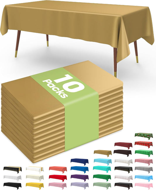 Pureegg Plastic Table Cloth Disposable 10 Pack, 54 x 108 Inch Table Cloths, Graduation Decorations, Thanksgiving, Christmas Tablecloths, Rectangle, Plastic Cover, Leakproof & Sturdy, Gold
