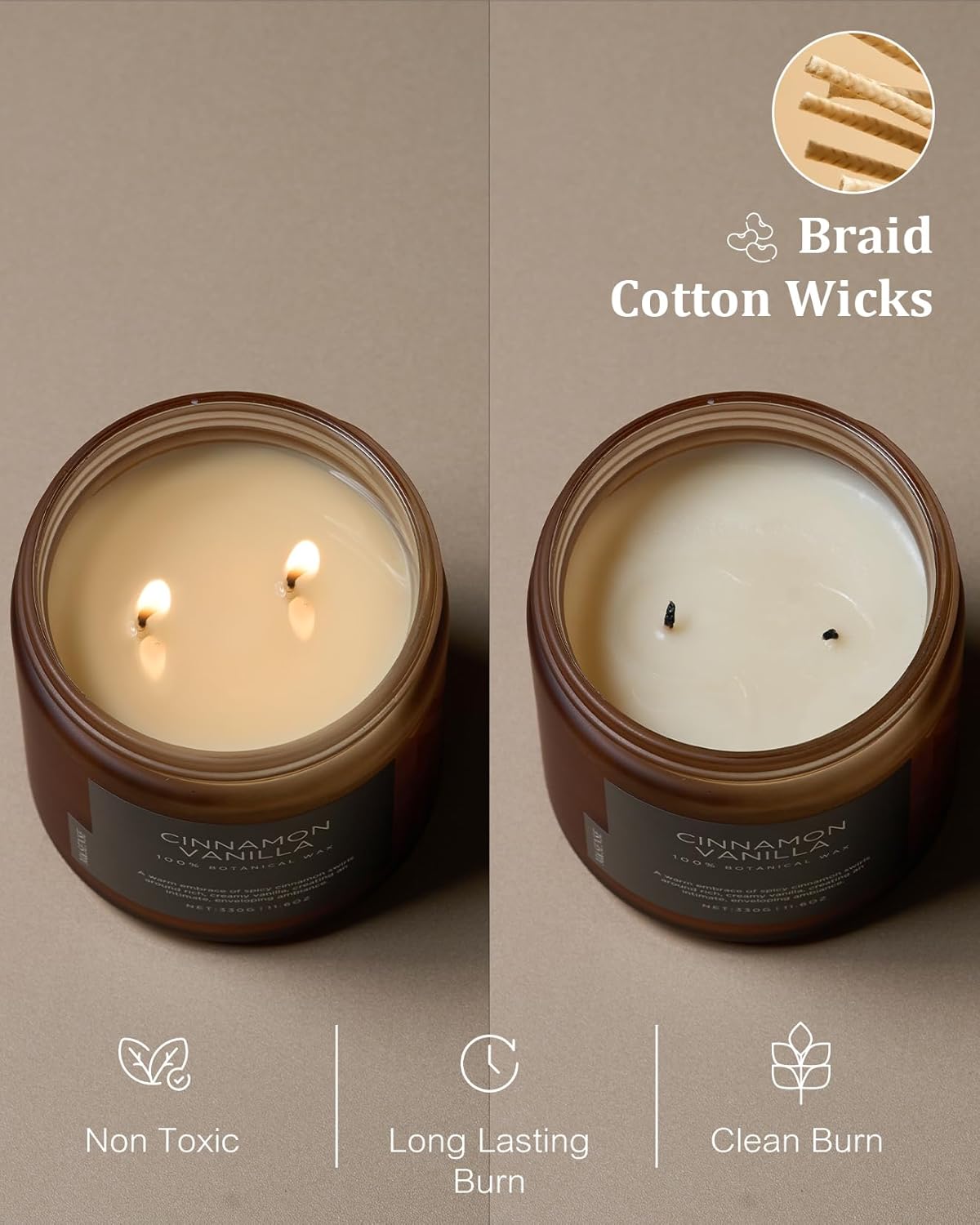 M&SENSE Cinnamon Vanilla Fall Scented Candles for Home, Natural Soy Wax 11.6oz 70 Hours Large Long Lasting Strong Scented Classic 2 Wicks Jar Candle Gift for Housewarming