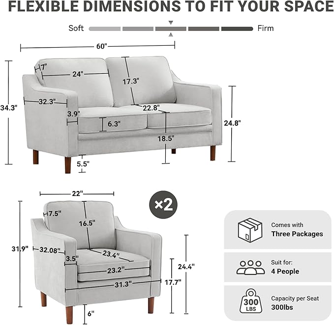Kingfun Living Room Furniture Sets, 2 Armchair and Loveseat, Mid Century Modern - Image 2
