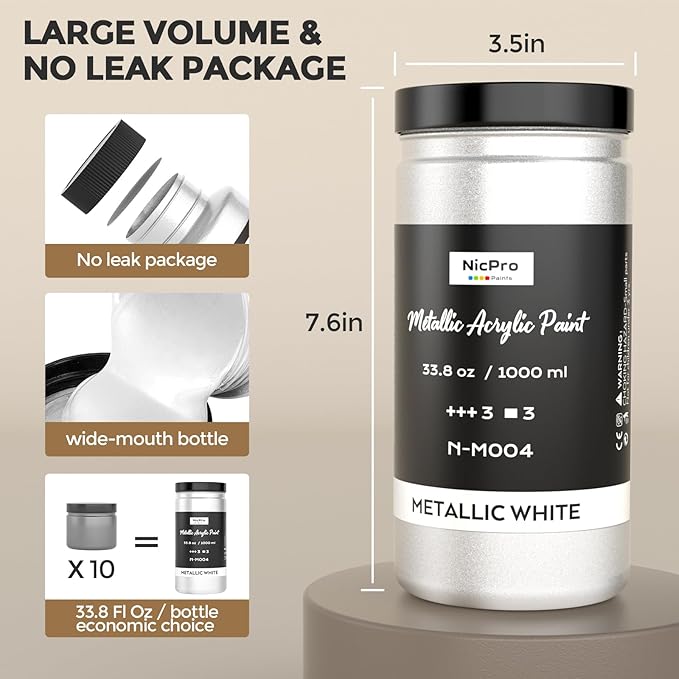 Nicpro Metallic Pearl White Acrylic Paint 33.8oz/1000ml, Non Toxic Pearlescent - Image 7