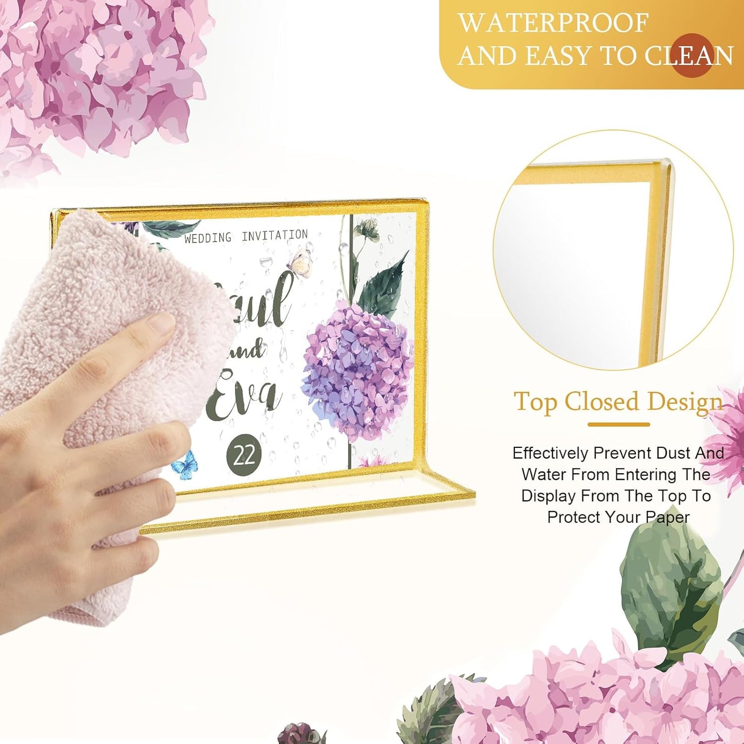 Hoteam 24 Pack 6 x 4 Clear Acrylic Sign Holder with Gold Borders, Gold Picture Frame, Double Sided Wedding Table Number, Acrylic Menu Stands for Wedding Table, Restaurant Sign, Photos Display