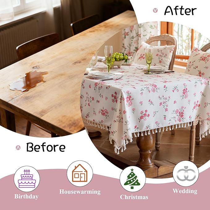 VClife White and Pink Print Table Cloth, Linen Texture Tablecloth - Image 4