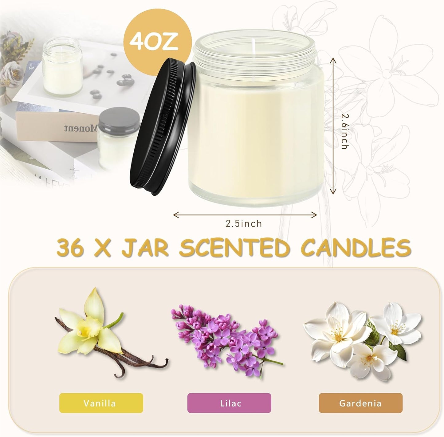 ACITHGL 36 Pcs 4oz Mini Mason Jar Candles Small Scented Candles Bulk Aromatherapy Ideal Souvenir Favors for Wedding Birthday Party (Vanilla, Lilac, Gardenia, Black)
