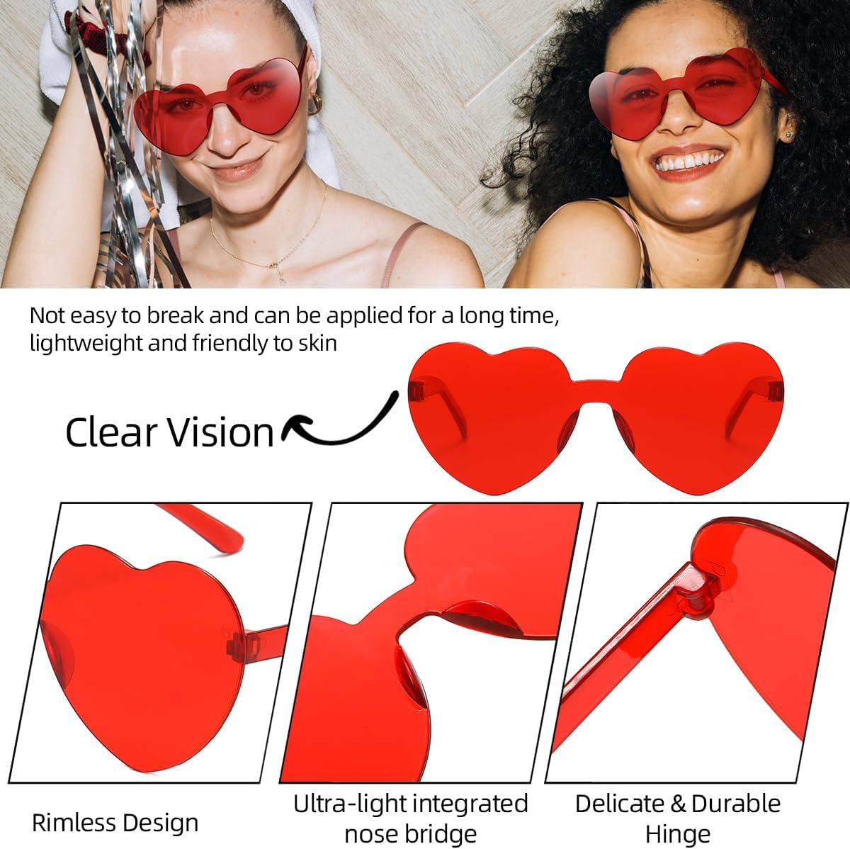 12/20/24 Pairs Heart Sunglasses for Women Men, Trendy Heart Shaped Rimless Transparent Sunglasses, Bachelorette Party