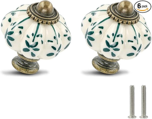 Ivory & Green Pumpkin Knobs 6 Pack Ceramic Cabinet Knobs Vintage Drawer Pulls by Zernmiarder