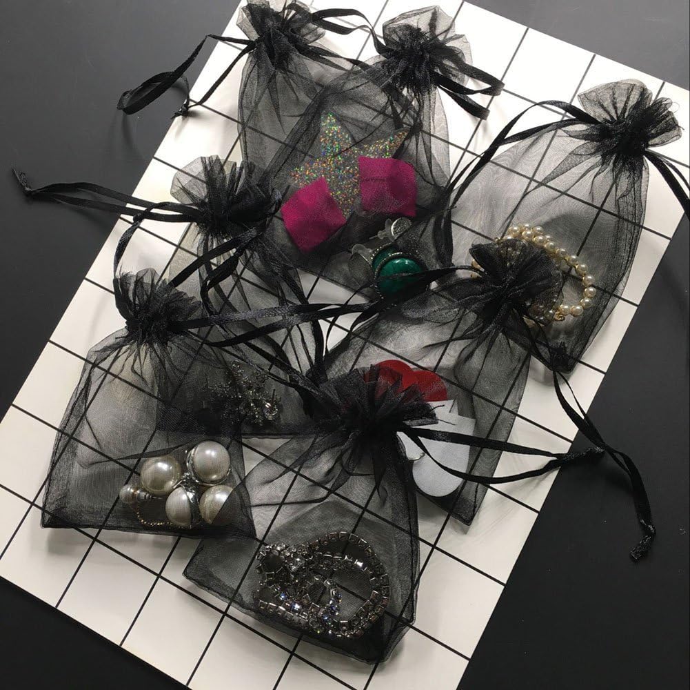 Wudygirl 100pcs Drawstring Organza Bags 5 x 7 Inch Black Transparent Jewelry Lipstick Pouches Baby Shower Party Wedding Holidays Favor Seashell Candy Favor Bags(Black 5x7'')