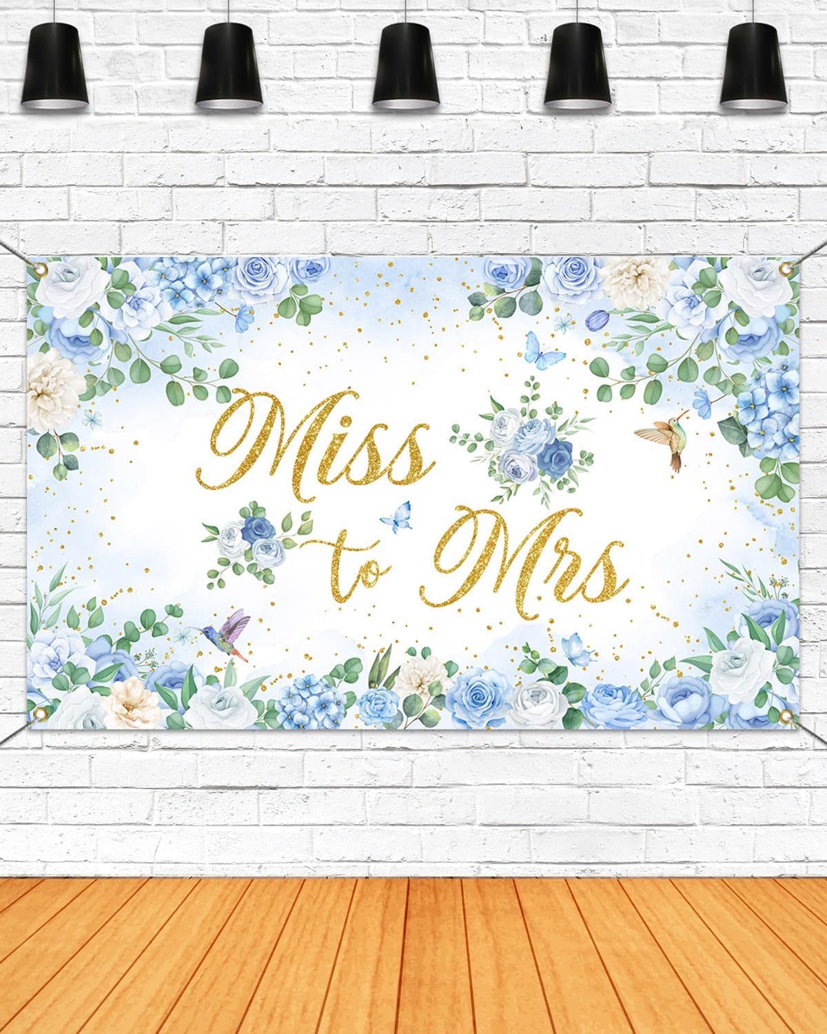 Mocsicka Miss to Mrs Banner Blue Floral Gold Dots Bridal Shower Party Decorations Banner for Wedding Engagement Bachelorette Party Backdrop for Photography Photo Booth Props (Blue, 70.8x43.3 inch)