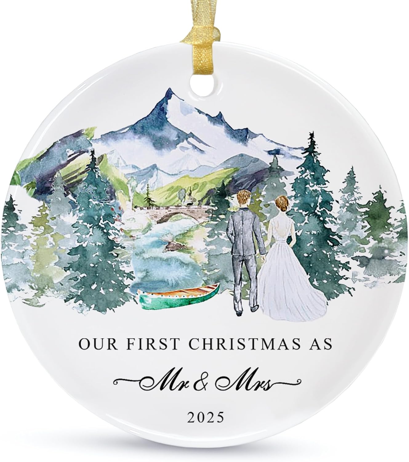 Our First Christmas Ornament Gift 2025,Just Married Ceramic Ornaments as Mr and Mrs,First Year Christmas Hanging for Couples,Newlywed Xmas Wedding Decoration with Gift Box and Card (2.9")