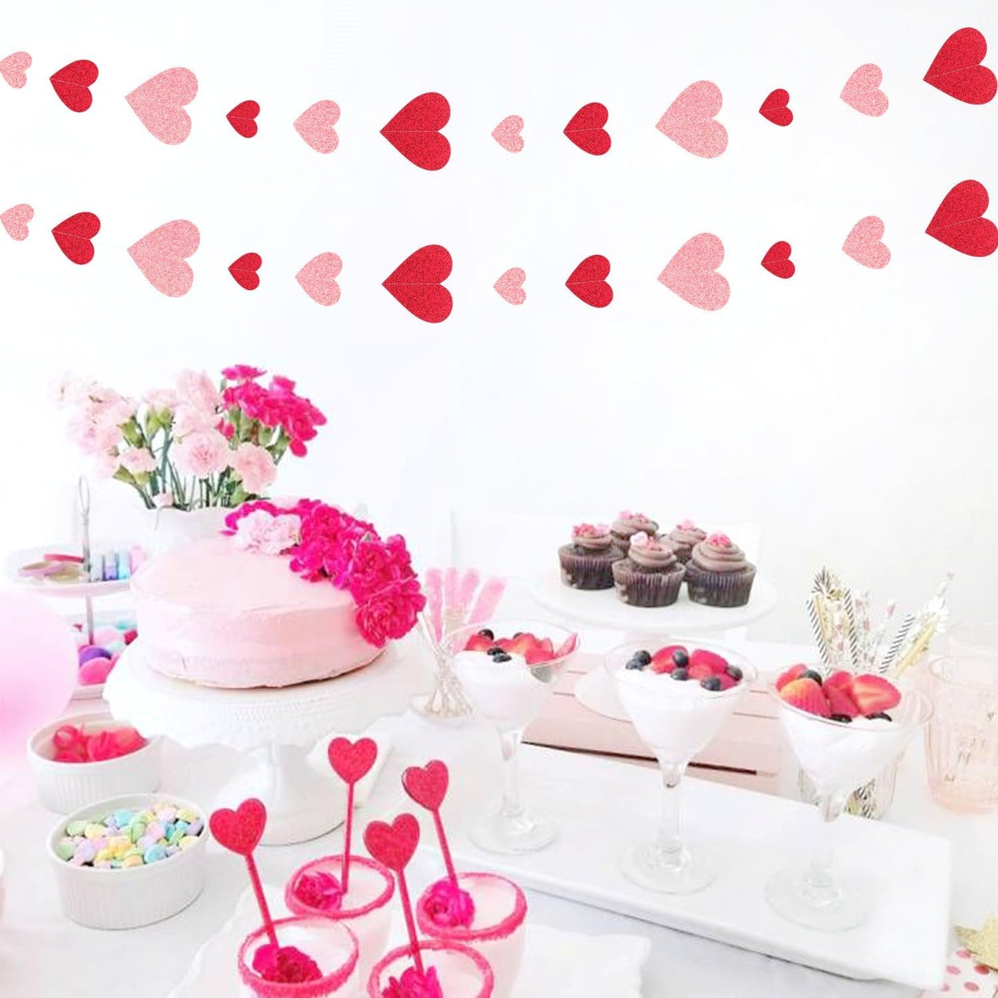 Red Pink Party-Decoration Heart Garland - 40ft Galentines Hanging Paper Streamers, Proposal Anniversary Romantic Birthday Baby Shower Rustic Wedding Hanging Ornaments Decor Hugfond