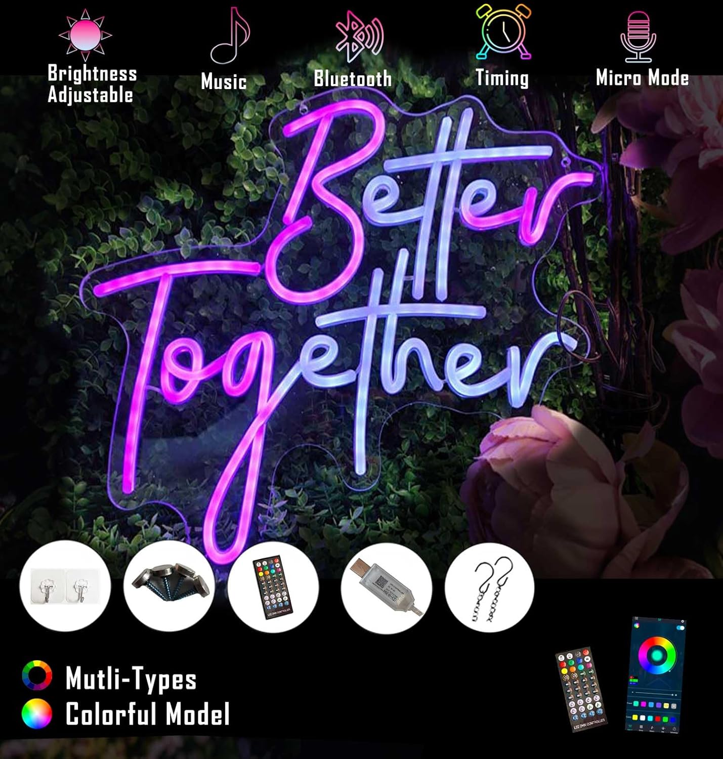 Ulalaza Smart RGB & Color Flow Effect Better Together LED Neon Sign with Remote & App Control Music Sync Timer Setting LED Acrylic Light for Wall Party Décor Bedroom Bar Wedding Home Birthday USB Powered