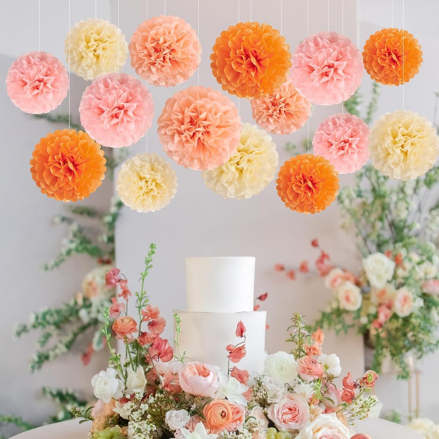 15Pcs Tissue Pom Poms Pink Orange Paper Flowers Hanging Decorations Orange Pink Flower Ball for Baby Shower Wedding Nursery Birthday Party Backdrop Home Outdoor