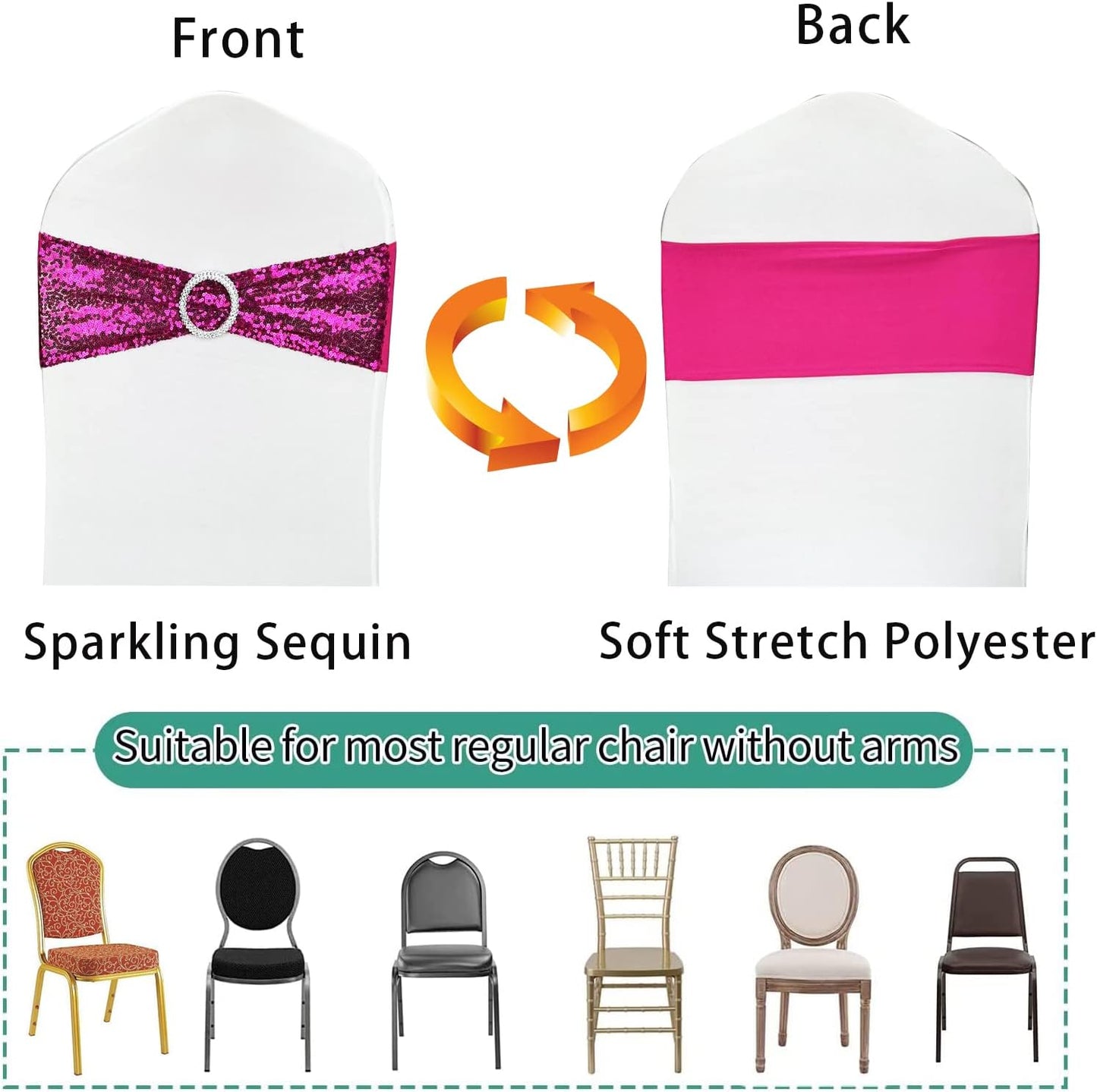 25 Pcs Sequin Chair Sashes Stretch Chair Bands Spandex Polyester Bows for Party Hotel Wedding Banquets Decoration - Magenta