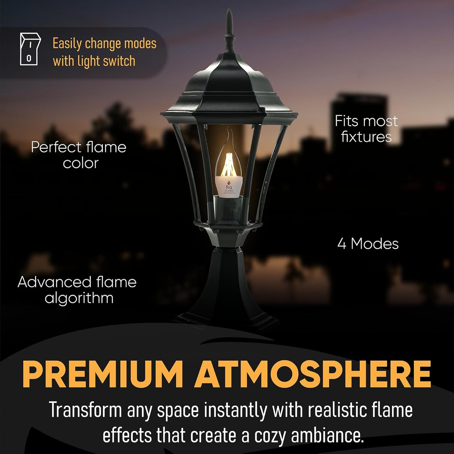 Fliq | LED Flame Light Bulb | 2 Pack | 2W | 4 Modes | Flickering Flame Bulb | 2023 Release | (Standard Frost E26)